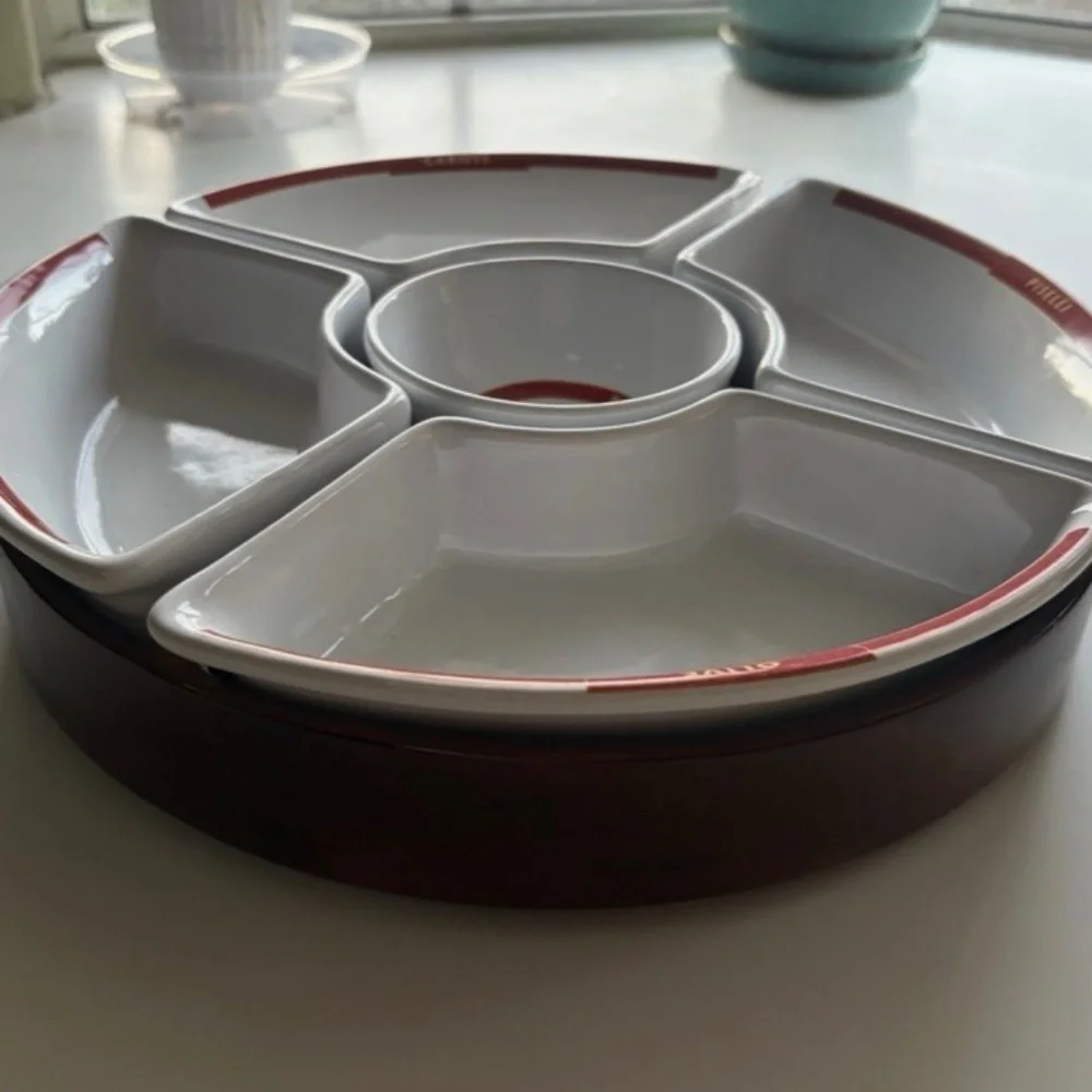 Pottery Barn Lazy Susan 5 Ceramic Condiment Wedge Bowls Rotating Wood Base 12”